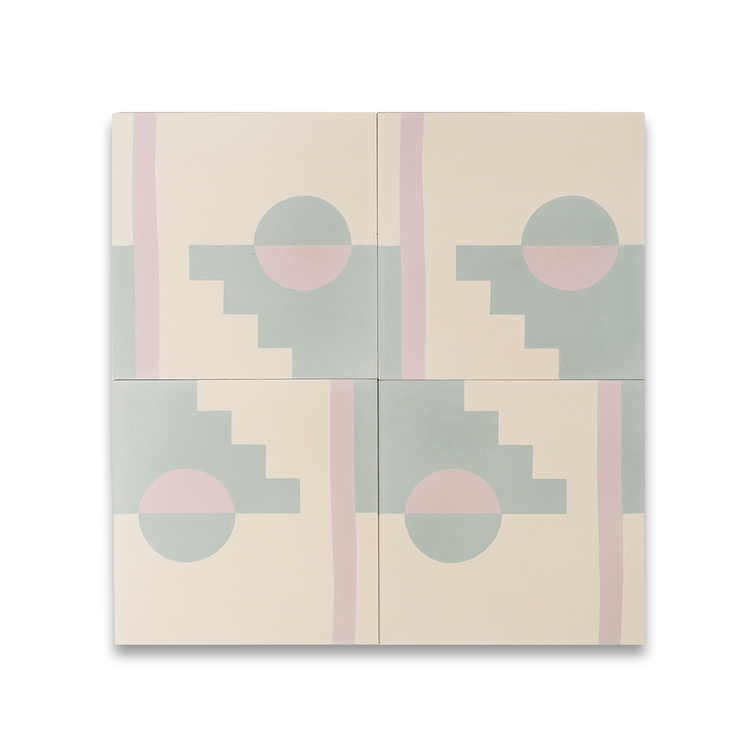 Surfside-inspired cement tile featuring pastel blue and blush pink geometric shapes, including a semicircle, staircase pattern, and vertical stripe on a cream background, creating a modern coastal aesthetic.