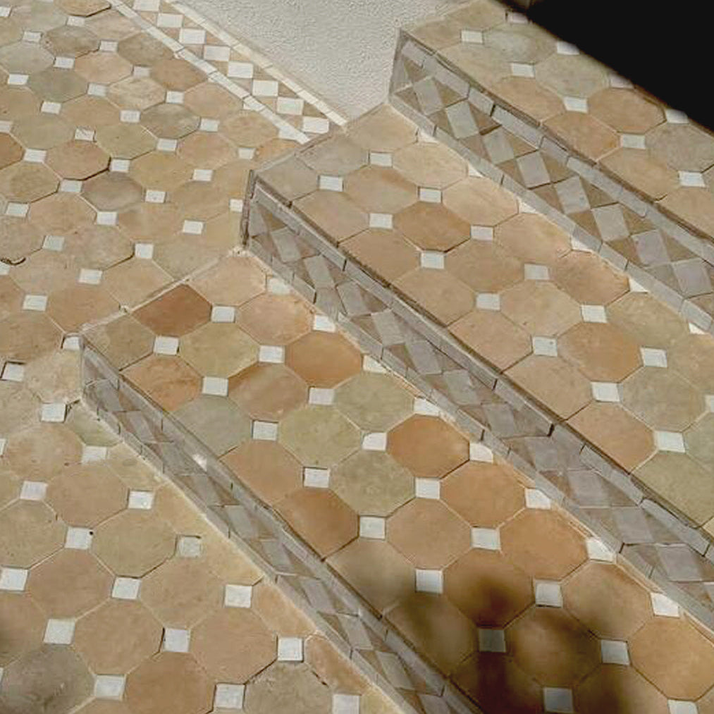 Hexagonal patterned tiles on a staircase