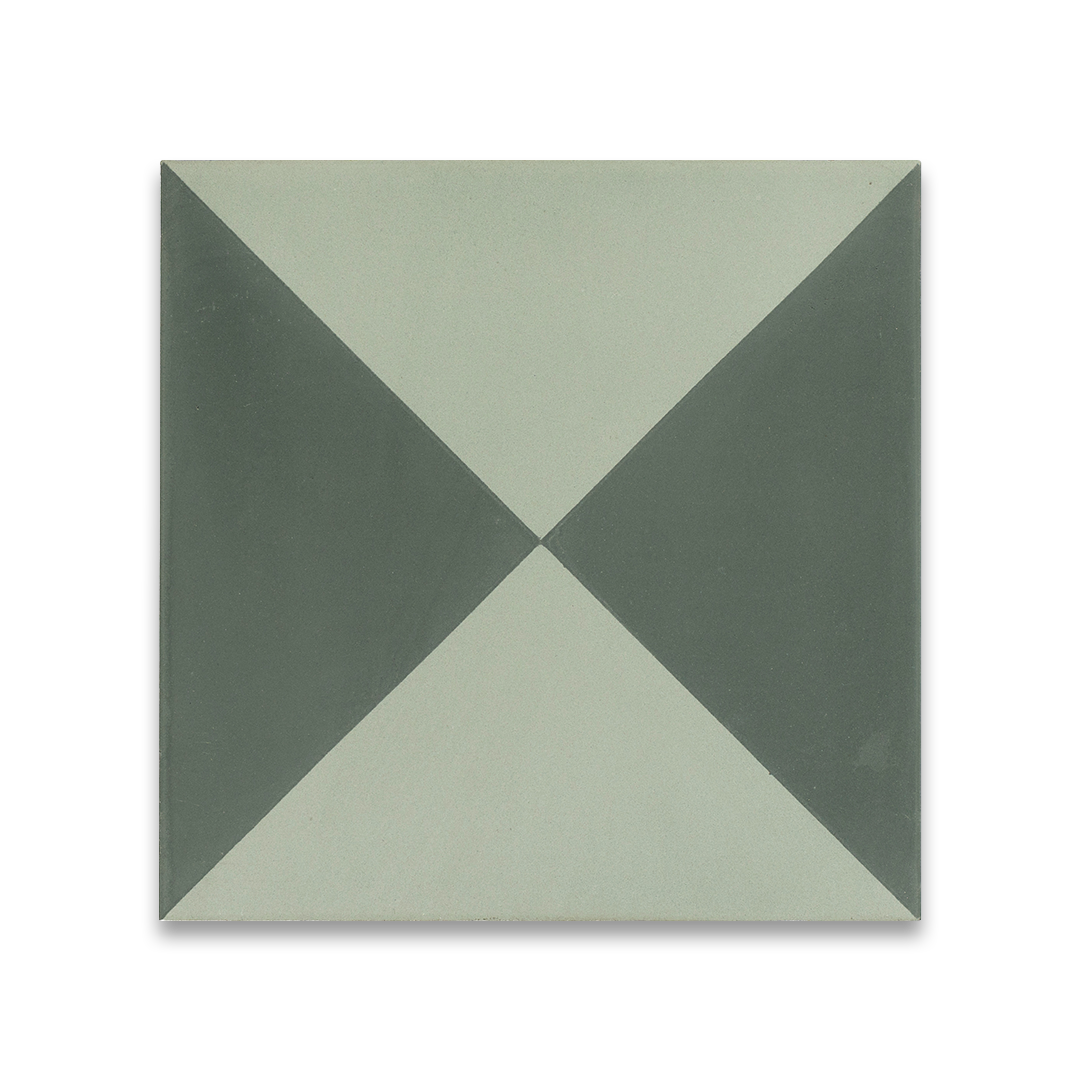 A geometric hourglass pattern with alternating light gray and dark green triangles, matte finish, ideal for modern, minimalist, or Scandinavian interior flooring and wall designs.