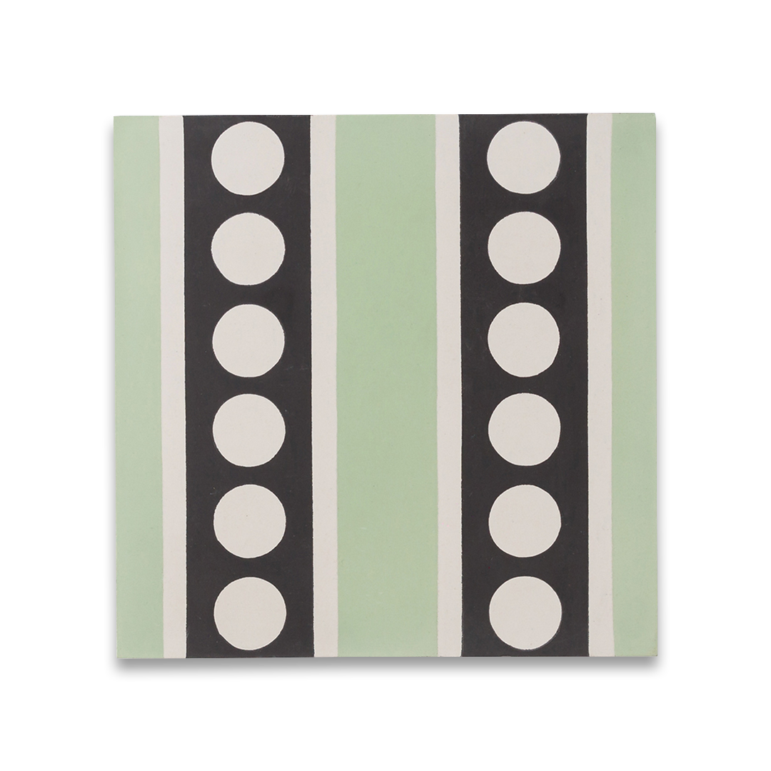 An  alternating mint green and black vertical stripes with white polka dots, matte finish, ideal for retro, modern, or geometric interior flooring and wall décor applications.
