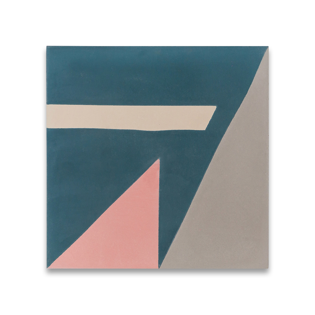 Cement tile featuring geometric shapes in teal blue, blush pink, beige, and gray tones, matte finish, ideal for modern, abstract, or contemporary interior flooring and wall décor applications.