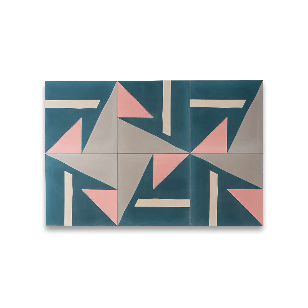 Cement tile featuring geometric shapes in teal blue, blush pink, beige, and gray tones, matte finish, ideal for modern, abstract, or contemporary interior flooring and wall décor applications.