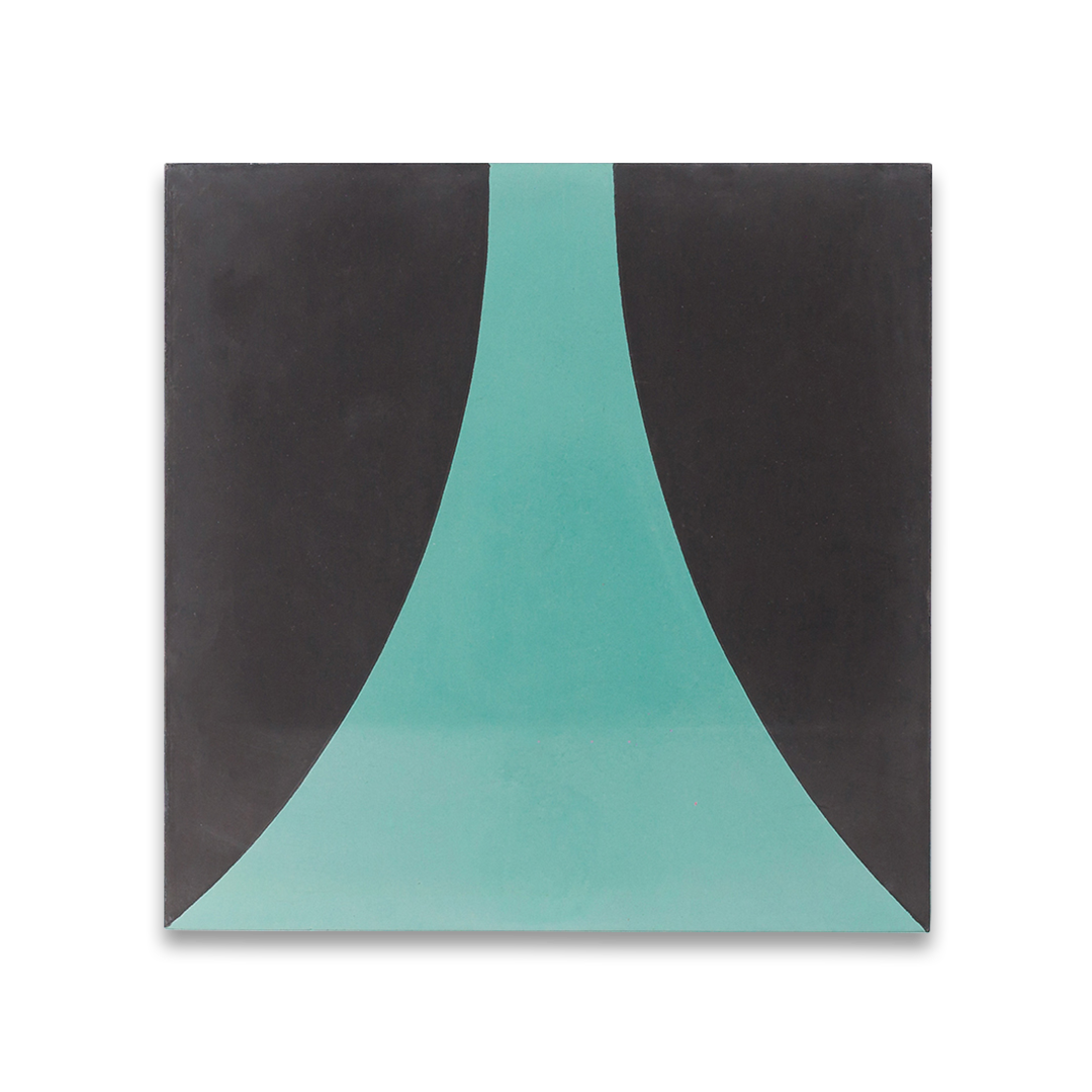 Cement tile featuring a curved teal blue geometric pattern on a matte black background, ideal for modern, contemporary, or art deco interior flooring and wall décor applications.
