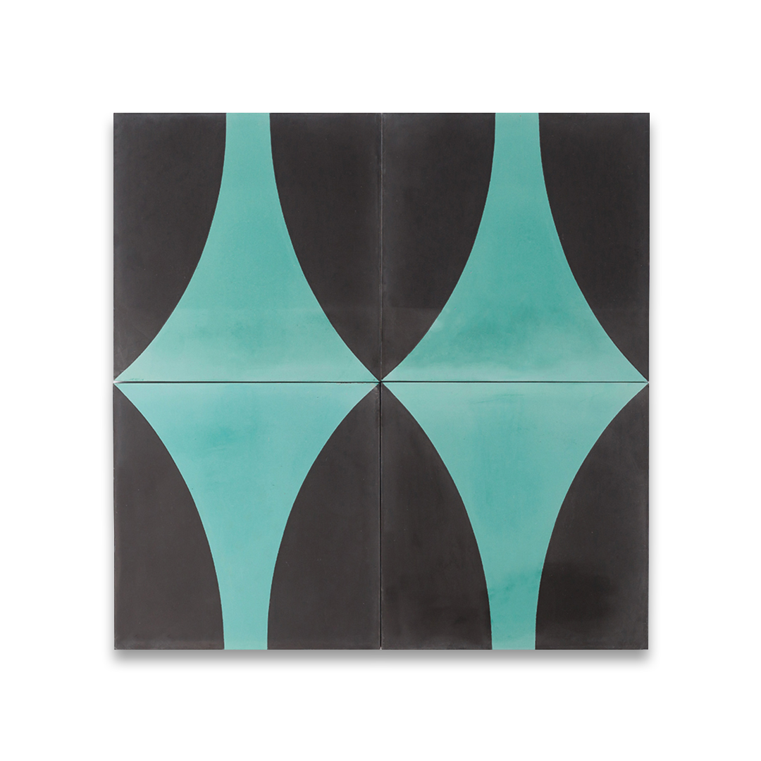 Cement tile featuring a curved teal blue geometric pattern on a matte black background, ideal for modern, contemporary, or art deco interior flooring and wall décor applications.