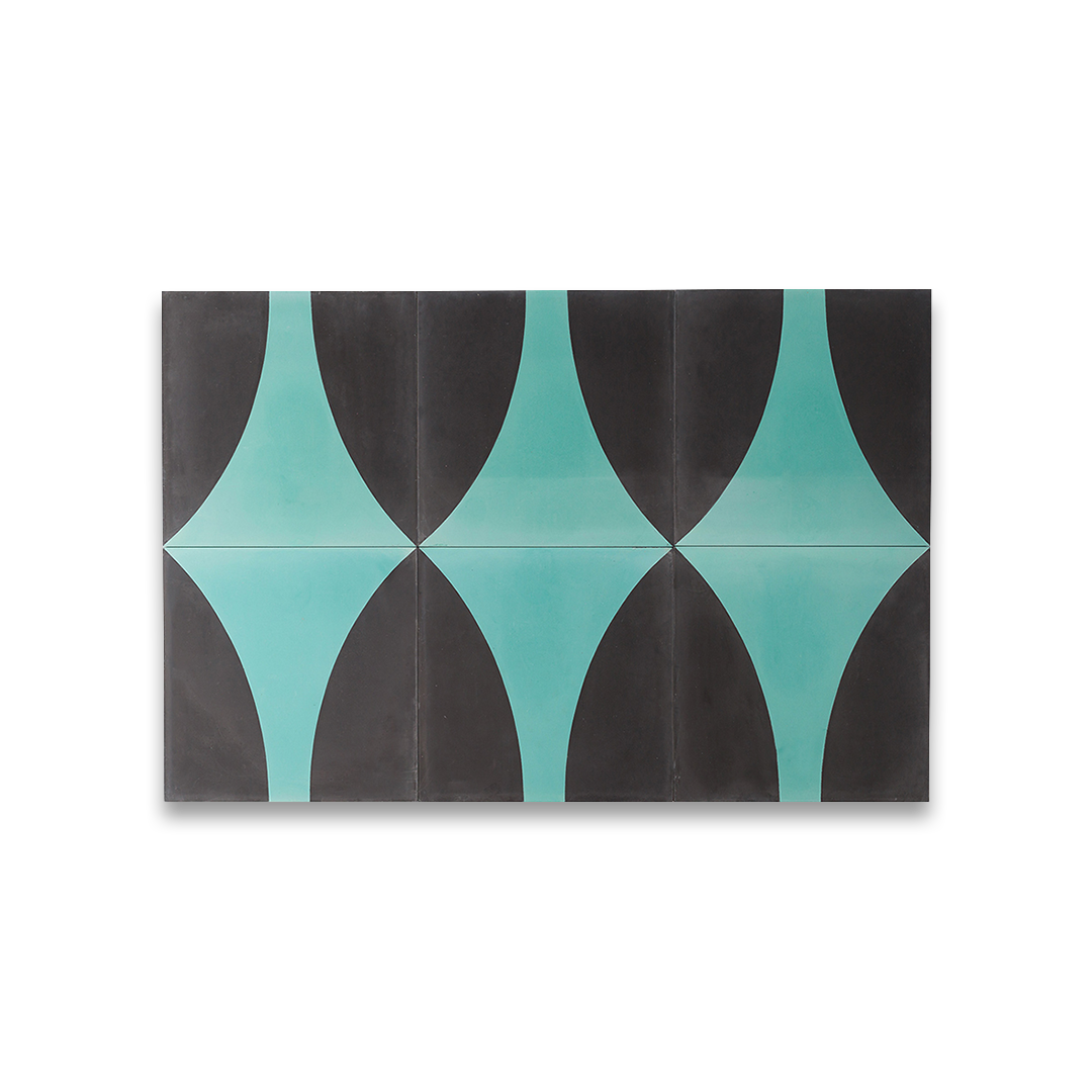 Cement tile featuring a curved teal blue geometric pattern on a matte black background, ideal for modern, contemporary, or art deco interior flooring and wall décor applications.
