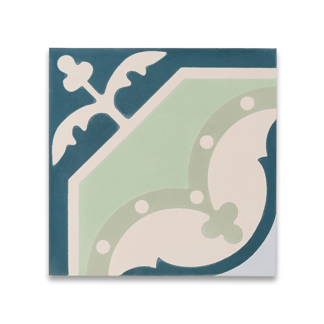 A decorative corner pattern with teal, mint green, and cream tones, floral and geometric motifs, matte finish, ideal for Mediterranean, vintage, or contemporary interior designs.