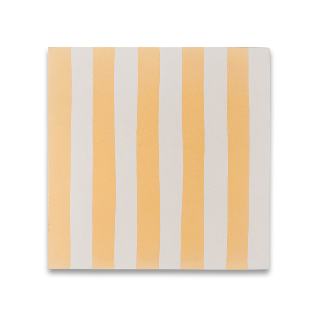 Square cement tile featuring alternating vertical stripes in warm yellow and off-white tones, handcrafted matte finish, ideal for Mediterranean, coastal, or contemporary interior flooring and wall décor applications.