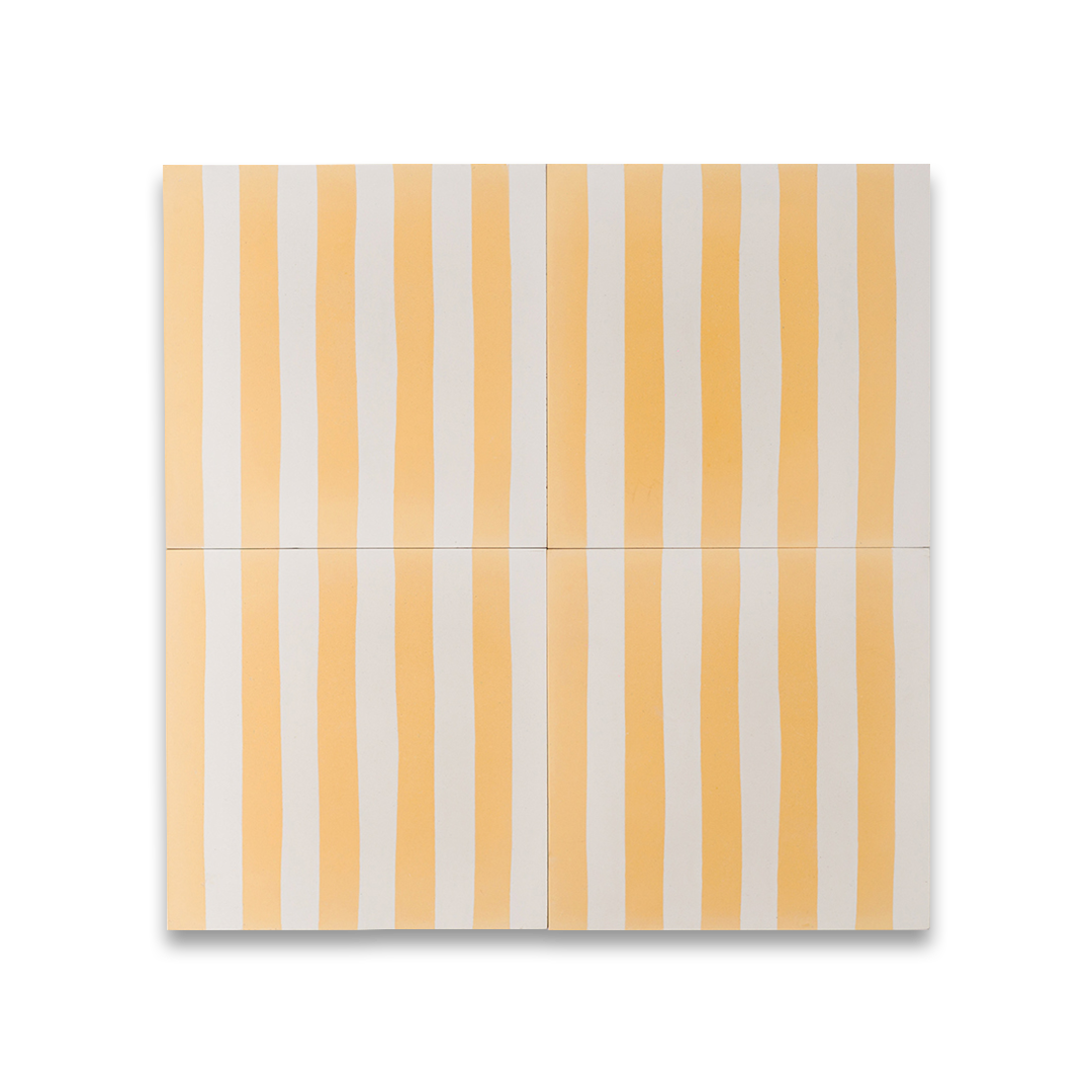 Square cement tile featuring alternating vertical stripes in warm yellow and off-white tones, handcrafted matte finish, ideal for Mediterranean, coastal, or contemporary interior flooring and wall décor applications.