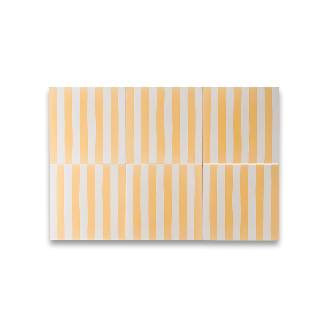 Square cement tile featuring alternating vertical stripes in warm yellow and off-white tones, handcrafted matte finish, ideal for Mediterranean, coastal, or contemporary interior flooring and wall décor applications.