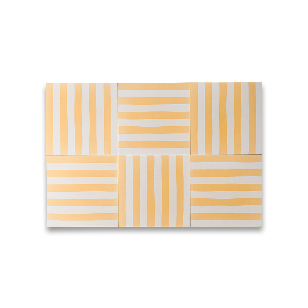 Square cement tile featuring alternating vertical stripes in warm yellow and off-white tones, handcrafted matte finish, ideal for Mediterranean, coastal, or contemporary interior flooring and wall décor applications.