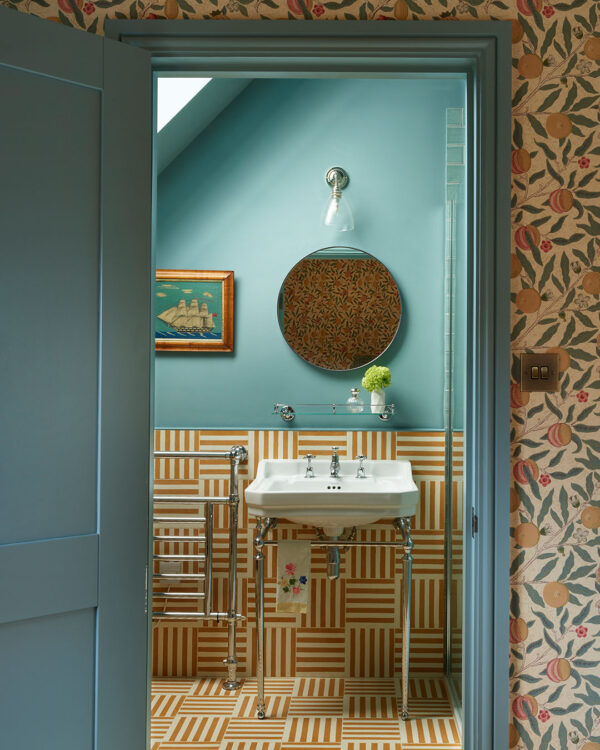 Mustard stripes encaustic cement tiles colourful bathroom