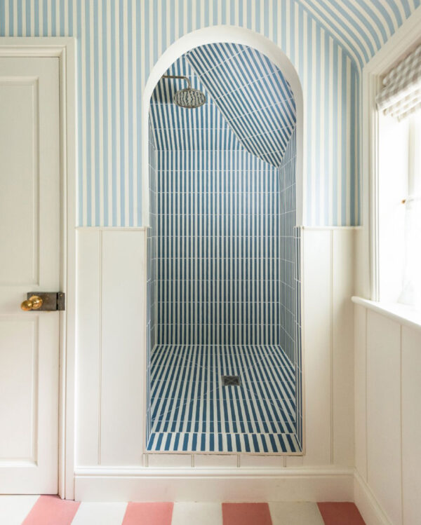 Navy blue stripes cement tiles bathroom