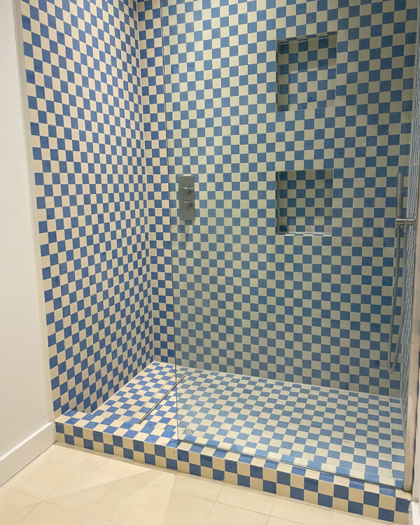 blue checkers encaustic cement tiles shower cubicle
