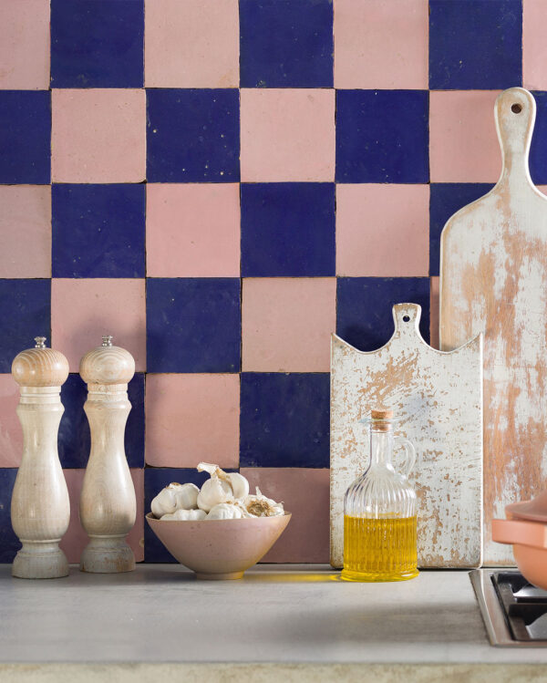 Dark blue and dusty pink zellige checker tiles kitchen