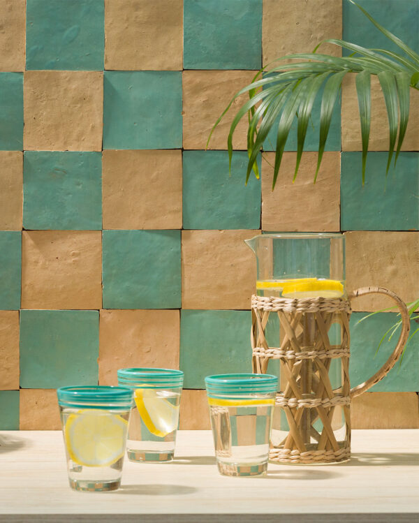 Terracotta and teal zellige checker tiles kitchen splashback otto tiles